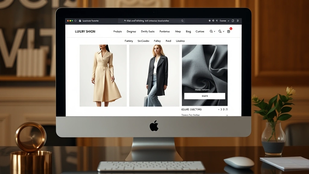 Online luxury shopping interface: computer screen displaying high-end fashion e-commerce platform with designer collections, professional product photography, detailed fabric close-ups, size guides visible, secure checkout interface