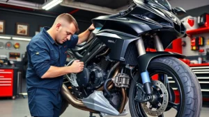 Professional motorcycle mechanic inspecting a sport bike engine and mechanical components in a well-lit garage workshop with diagnostic tools visible, realistic photography