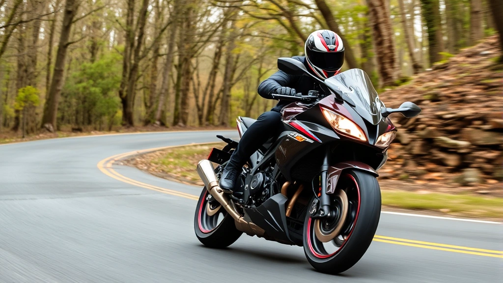 Motorcycle rider performing test ride on a sport bike through winding road with trees, action photography showing handling and performance evaluation in real-world conditions