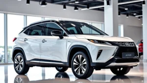 Professional luxury compact crossover vehicle displayed in showroom with modern lighting, emphasizing sleek exterior design and premium positioning