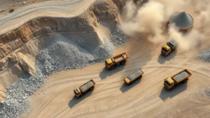Aerial view of active gravel quarry with heavy equipment extracting stone materials, trucks loaded with aggregate, dust clouds visible from excavation operations
