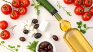 Overhead flat lay of fresh Mediterranean ingredients including ripe cherry tomatoes, crisp English cucumber, crumbled white feta cheese, Kalamata olives, fresh dill and parsley herbs, and extra virgin olive oil bottle arranged on a light wooden surface, professional food photography styling
