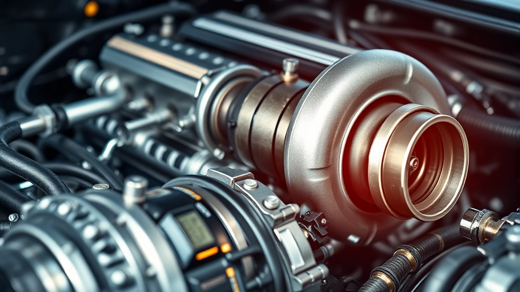Detailed close-up of precision automotive engine components, turbocharged mechanics, professional workshop lighting, engineering excellence and performance technology