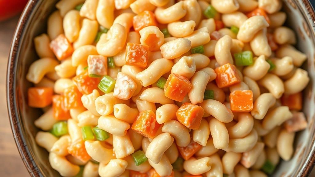 Close-up overhead shot of creamy Hawaiian macaroni salad in a large serving bowl with diced carrots and celery visible, fresh and appetizing, professional food photography style