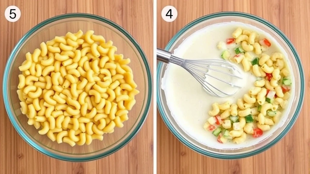 Side-by-side comparison of three bowls showing different stages: cooked elbow pasta, creamy dressing being whisked in glass bowl, and final combined macaroni salad with vegetables