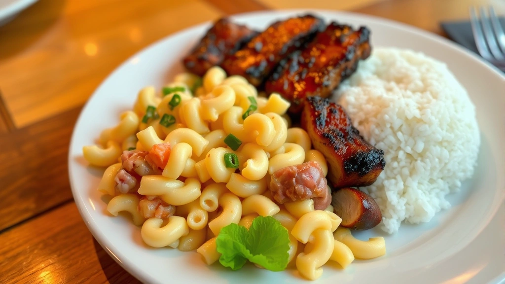 Plated Hawaiian macaroni salad portion on white ceramic plate alongside grilled kalua pork and white rice, restaurant-quality presentation, warm lighting