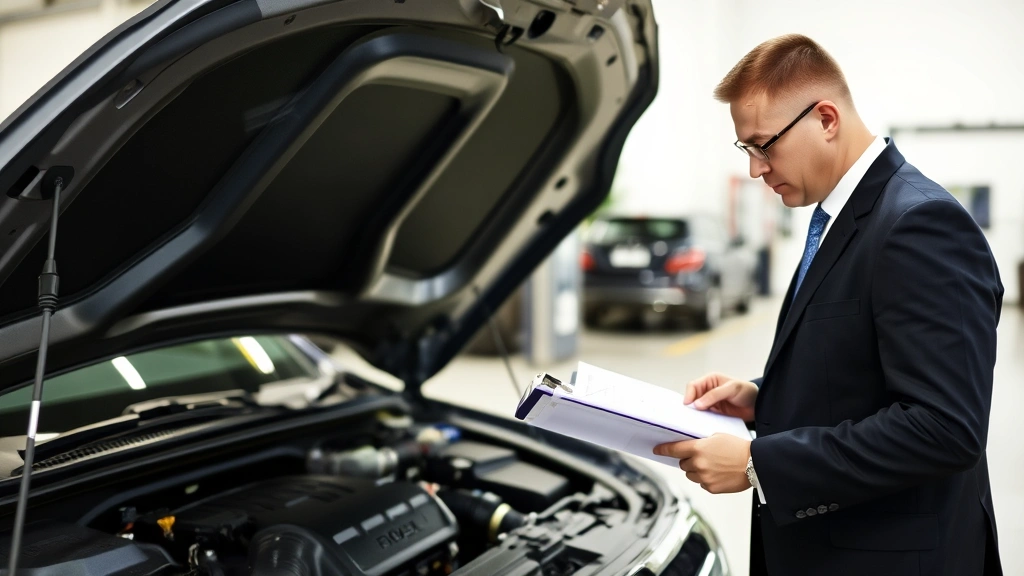 Funeral director inspecting hearse engine compartment with clipboard, focused on mechanical assessment and maintenance verification, professional business setting