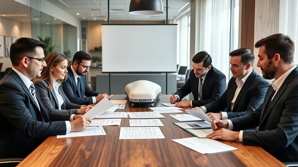 Diverse group of funeral home operators in business suits reviewing hearse specifications and documentation at modern office conference table, examining paperwork