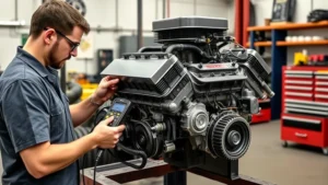 Professional automotive technician using diagnostic equipment to test compression on a freshly rebuilt supercharged V8 engine block mounted on a workbench in an automotive shop