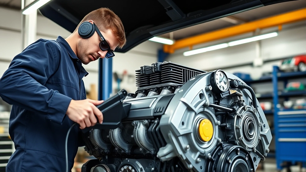 Professional mechanic inspecting supercharged engine block with diagnostic tools in modern automotive workshop