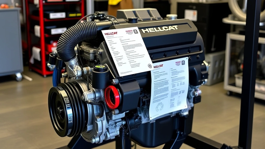 Complete Hellcat supercharged V8 engine assembly displayed on professional engine stand with documentation and specifications