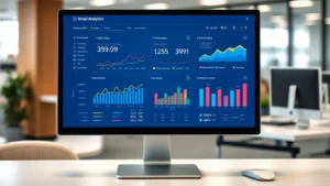 Professional business analytics dashboard displaying retail sales data, charts, and promotional performance metrics on a modern computer monitor in a corporate office environment with blurred background