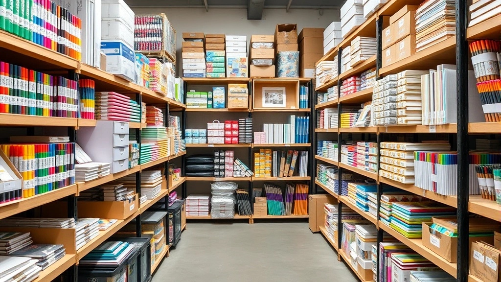 Organized craft supply inventory with colorful markers, papers, and materials neatly displayed on wooden shelves in a well-lit retail storage facility, showing inventory management systems