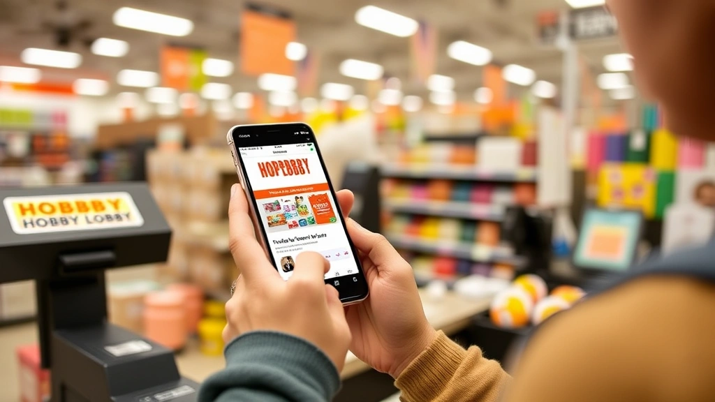 Customer using Hobby Lobby mobile app on smartphone at checkout counter with craft supplies visible, demonstrating digital shopping experience and loyalty program engagement in retail environment