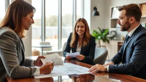 Professional realtor conducting property consultation with young couple in modern Indiana home office, reviewing mortgage documents and house blueprints on desk, natural daylight from windows, confident business attire