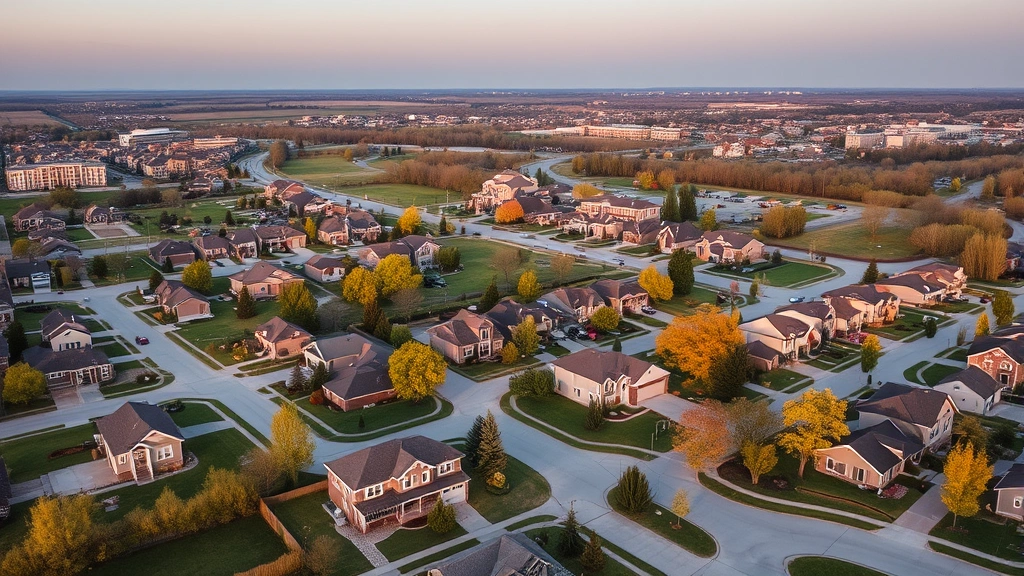 Panoramic view of diverse Indiana residential neighborhoods showing suburban homes with manicured lawns, tree-lined streets, modern construction, and community amenities, golden hour lighting emphasizing property appeal