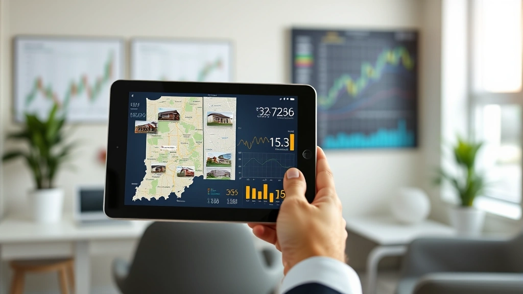 Real estate market analysis visualization showing Indiana map with property listings, price trends data displayed on tablet screen held by professional agent, modern office environment with market charts visible
