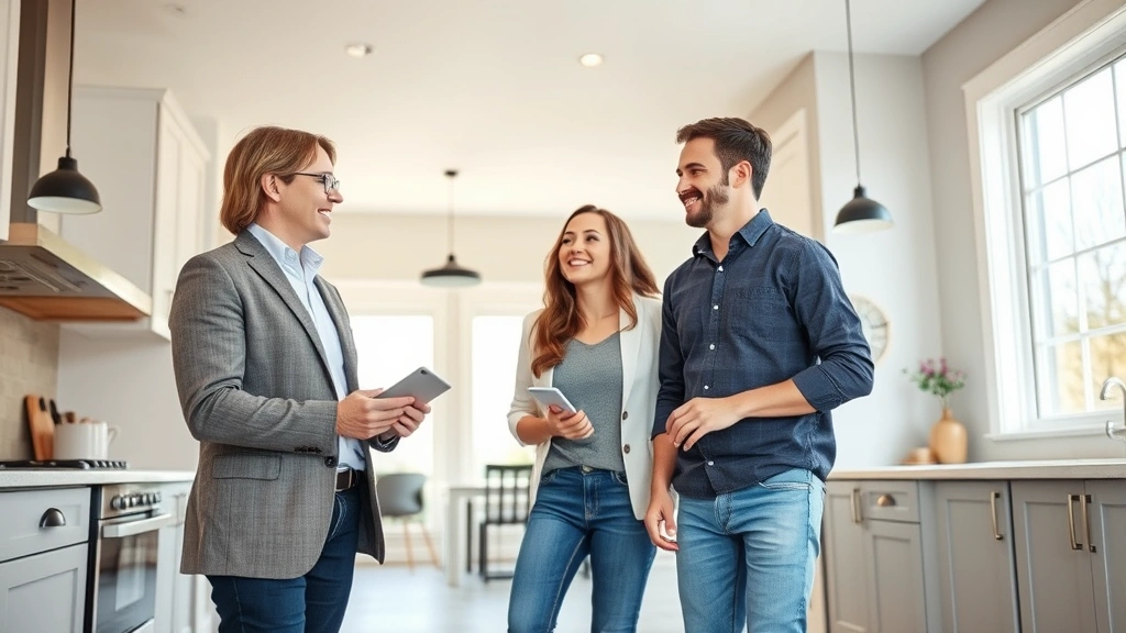 Professional realtor showing a young couple through a modern Ohio suburban home with contemporary kitchen and bright natural lighting, both parties smiling and engaged in conversation