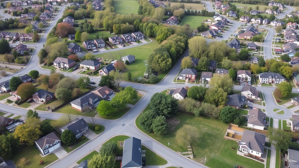 Aerial drone photograph of diverse Ohio neighborhood with mix of residential homes, tree-lined streets, and green spaces, showing suburban development patterns and property variations