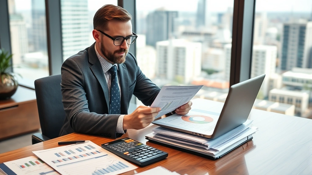 Real estate investment professional reviewing property analytics on laptop with stack of documents, calculator, and market reports on desk, professional office setting with city view