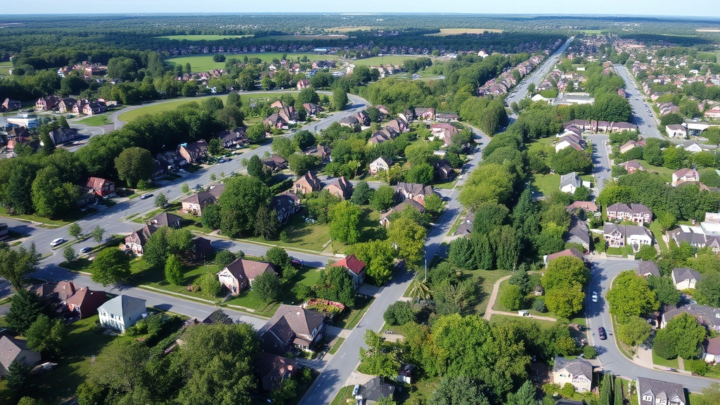 Aerial view of Lancaster City residential neighborhood with tree-lined streets, mix of single-family homes and townhouses, green spaces visible, suburban community atmosphere, daytime