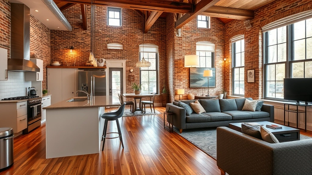 Interior photograph of renovated historic home showing open-concept living space with exposed brick walls, modern kitchen fixtures, hardwood flooring, contemporary furnishings, warm lighting