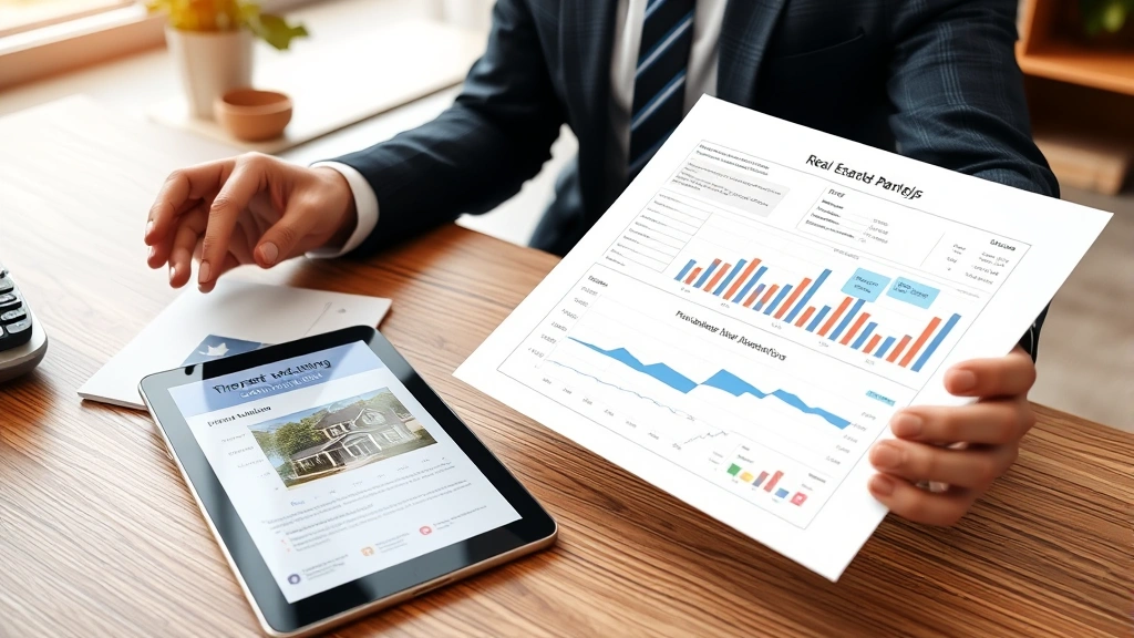 Professional real estate agent presenting property listing documents and market analysis charts on modern office desk with tablet displaying neighborhood data visualization