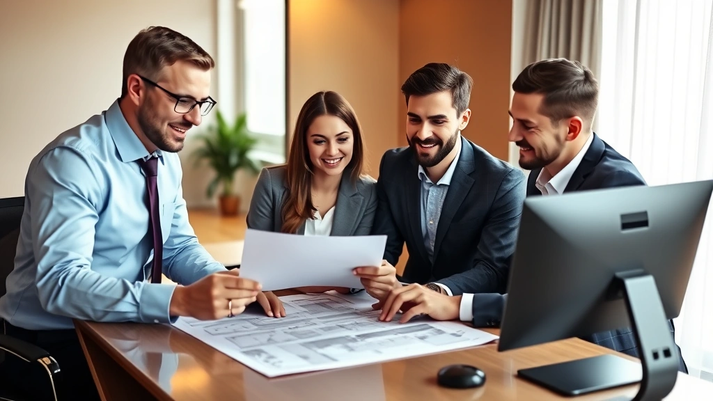 Professional realtor meeting with young couple reviewing property documents and floor plans at modern office desk with computer, warm lighting, business casual attire