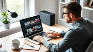 Person sitting at home office desk with laptop displaying vehicle listings, coffee cup and notepad nearby, natural daylight from window, focused expression researching cars online