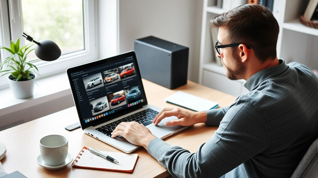 Person sitting at home office desk with laptop displaying vehicle listings, coffee cup and notepad nearby, natural daylight from window, focused expression researching cars online
