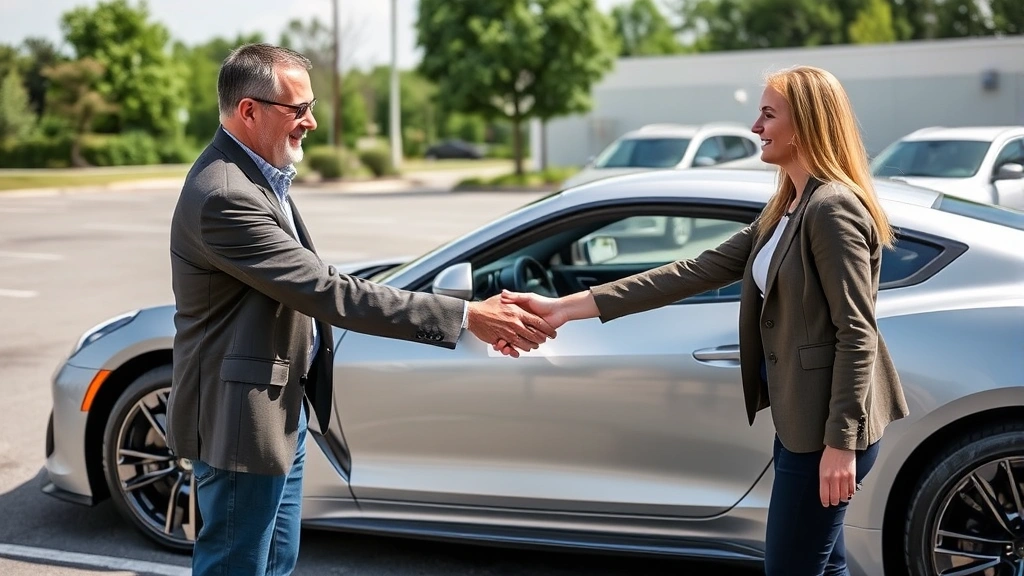 Two people shaking hands next to a silver sports coupe in a parking lot during daytime, both smiling, professional casual attire, clear weather