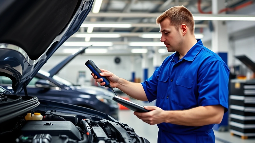 Professional mechanic in blue uniform examining vehicle engine compartment with diagnostic scanner tool in a modern, clean garage with fluorescent lighting and workbenches