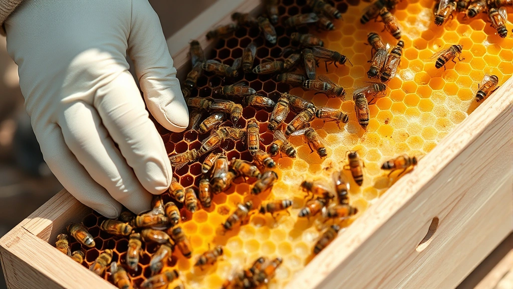Close-up of beekeeper's gloved hands carefully handling wooden frame covered with honeycomb, worker bees crawling on waxy cells, natural sunlight illuminating translucent wax structures