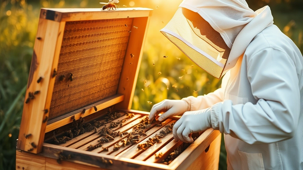 Professional beekeeper in full white protective suit and veil inspecting open hive box, examining frames of brood and honey while bees fly around in golden afternoon light