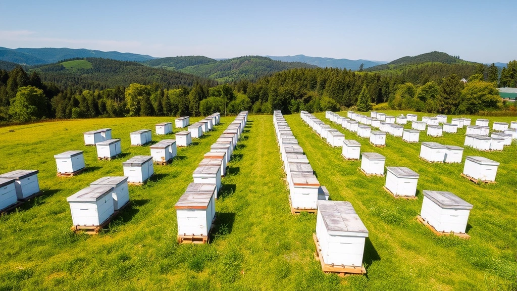 Aerial view of organized apiary with multiple white wooden beehive boxes arranged in neat rows across green meadow, forested hills in background under clear sky