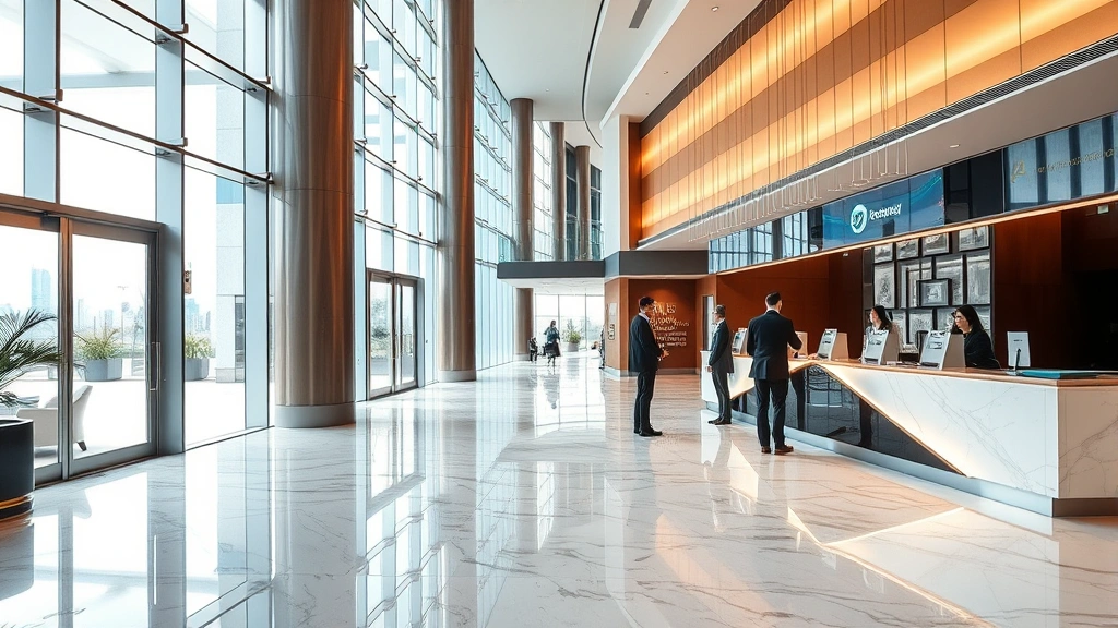 Modern hotel lobby featuring contemporary design with glass architectural elements, marble flooring, and professional business guests checking in at reception desk during daytime, professional photography of luxury hospitality space