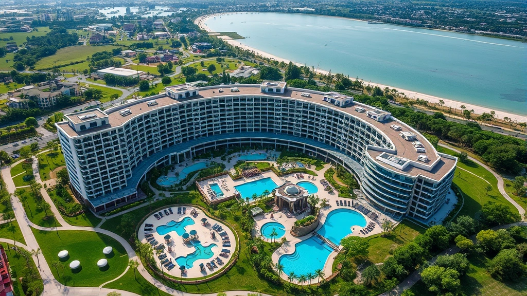 Aerial view of upscale resort property with multiple buildings, manicured landscaping, pool facilities, and surrounding cityscape or natural scenery, showing comprehensive resort infrastructure and amenities from above