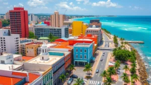 Aerial view of colorful colonial architecture in San Juan, Puerto Rico with Caribbean turquoise water visible, modern high-rise buildings mixed with historic structures, vibrant street scene with palm trees and waterfront promenade