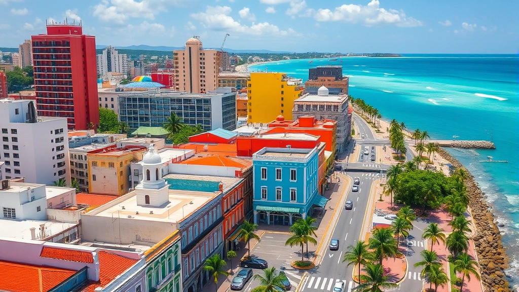 Aerial view of colorful colonial architecture in San Juan, Puerto Rico with Caribbean turquoise water visible, modern high-rise buildings mixed with historic structures, vibrant street scene with palm trees and waterfront promenade