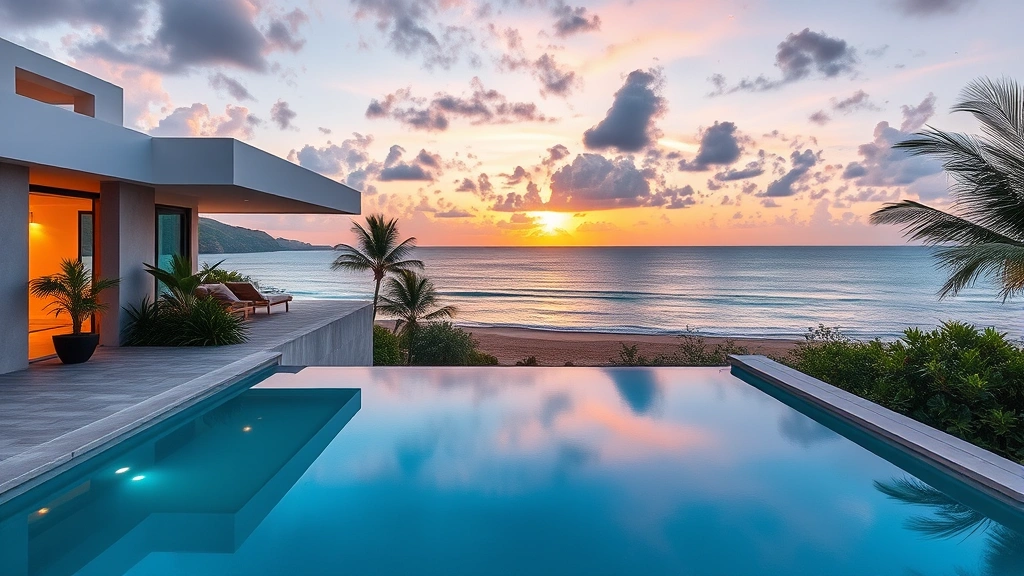Luxury modern villa with infinity pool overlooking Caribbean Sea at sunset, contemporary architectural design with clean lines, white and natural stone finishes, lush tropical landscaping with native plants and ocean horizon