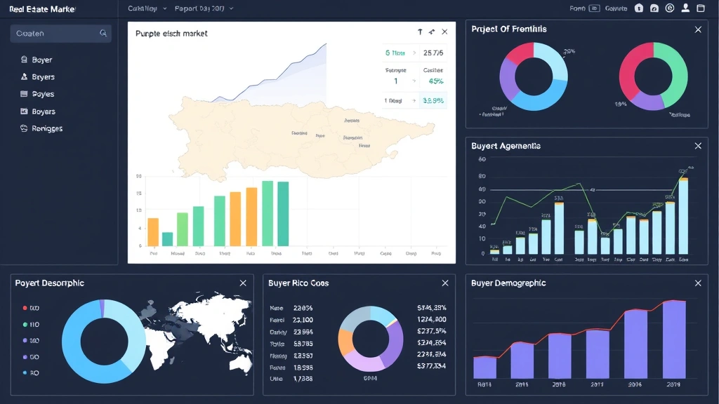 Real estate market data visualization showing Puerto Rico property market trends with growth charts, market analysis graphs, and buyer demographic information displayed on professional business dashboard